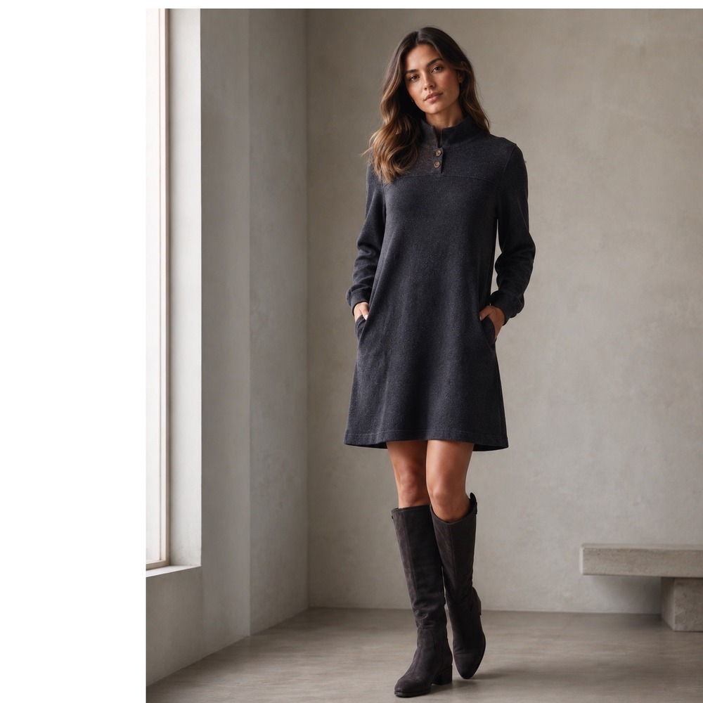 Poetry $288 Dark Gray Cotton Mock Neck Button A-Line Dress US 14 Luxury